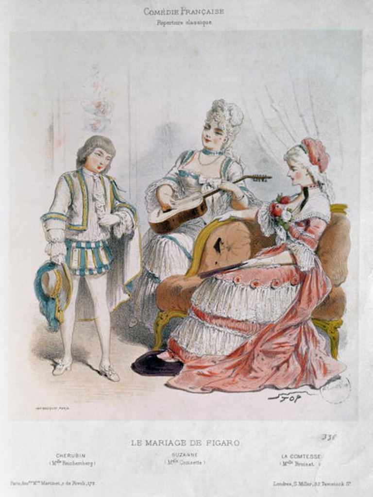 Detail of Mademoiselle Reichemberg as Cherubin, Mademoiselle Croizette as Suzanne and Mademoiselle Broisat as the Countess by Stop (1825-99)