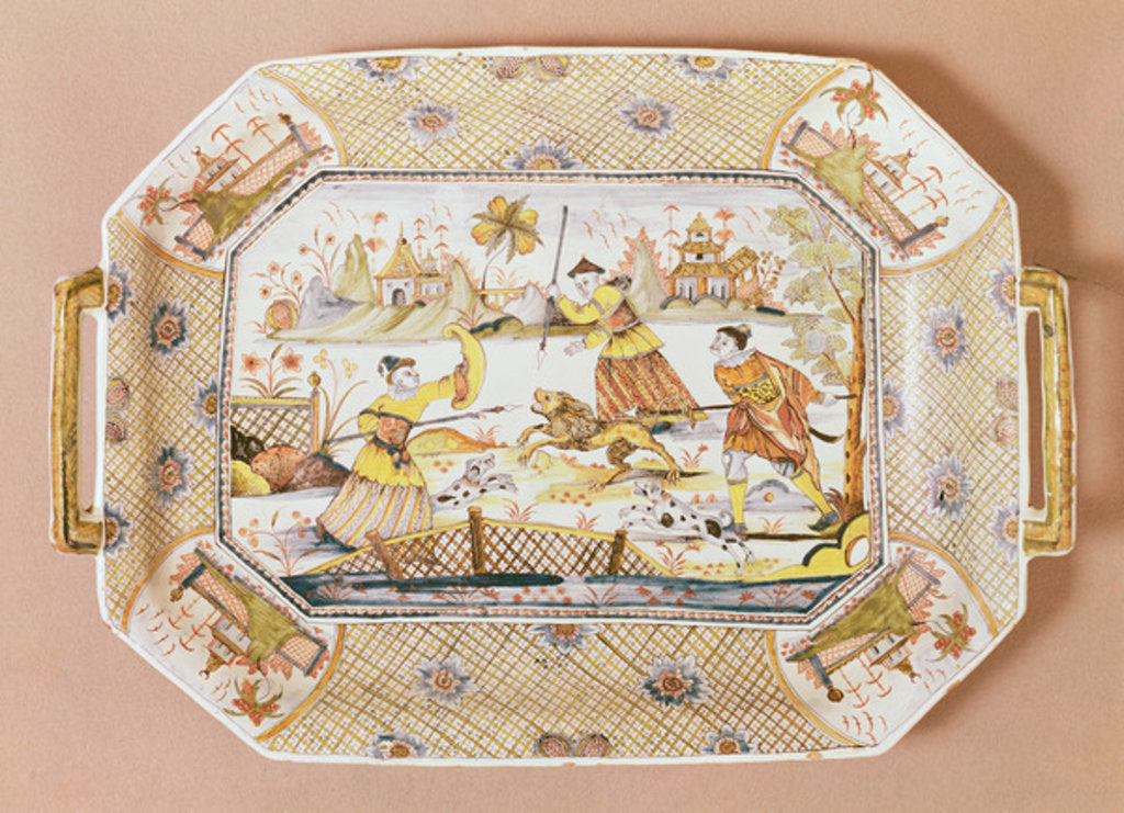 Detail of Octagonal dish with a chinese pattern of a lion hunt, c.1730 by Guillibaud