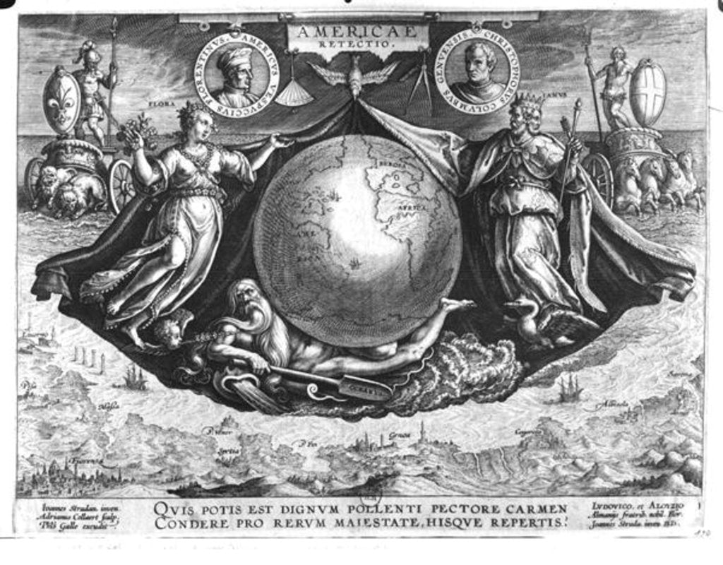 Detail of Discovery of America with portraits of Amerigo Vespucci and Christopher Columbus engraved by Jan Collaert printed by Philipp Galle c.1600 by Jan van der Straet