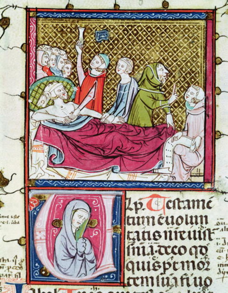 Detail of Ms 3076 fol.56r Dying Man Surrounded by Doctors and Family, Dictating his Will by French School
