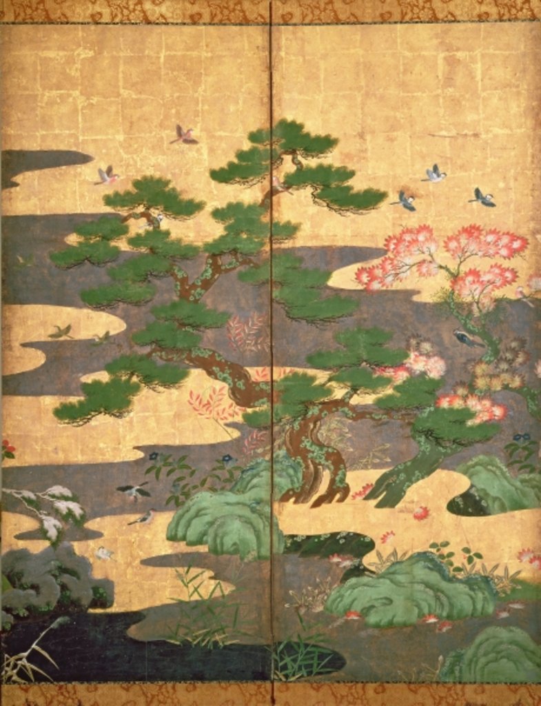Detail of Birds with Autumn and Winter flowers by Japanese School