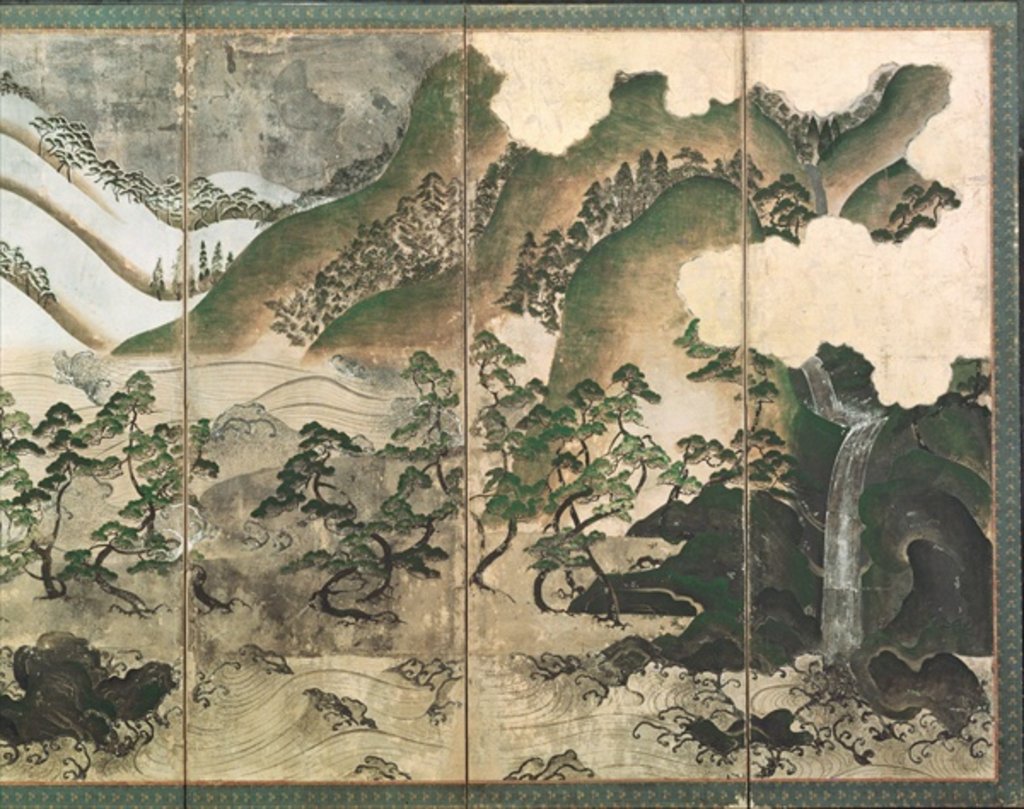 Detail of Moonlight Winter Landscape, part of a six panel folding screen by School Japanese