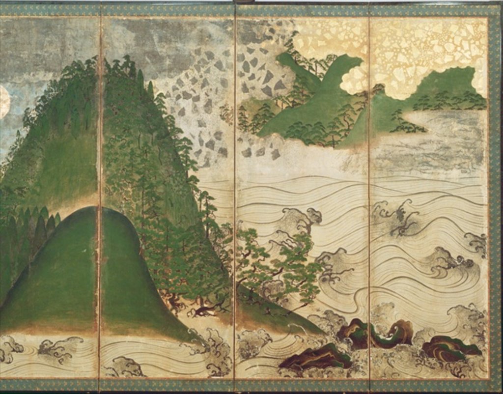 Detail of Spring Landscape with Sun, part of a six panel folding screen by School Japanese