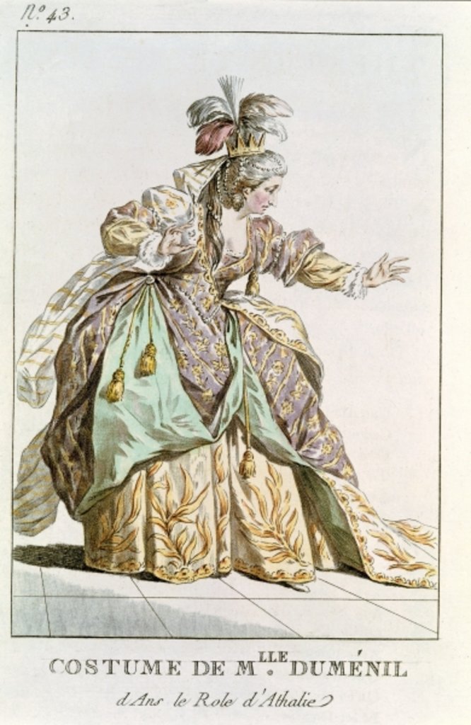 Detail of Mademoiselle Dumesnil in the role of Athalie in 'Athalie' by Jean Racine from 'Costumes et Annales des Grands Theatres de Paris' by French School