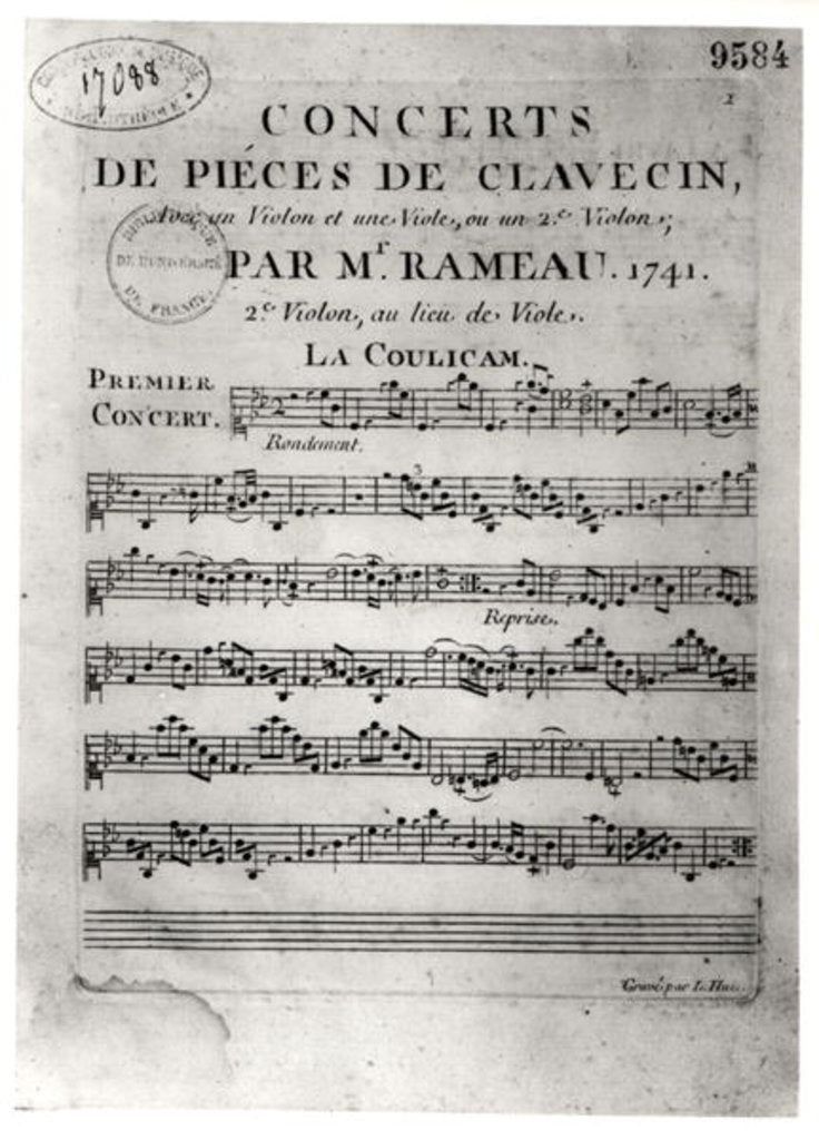 Detail of Score sheet for 'Concerts de Pieces de Clavecin' by Jean-Philippe Rameau 1741 by L. Hue