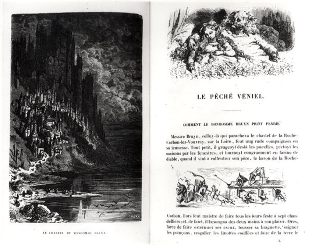 Detail of Two illustrated pages from 'Les Contes Drolatiques' by Honore de Balzac engraved by Heliodore Joseph Pisan by Gustave Dore