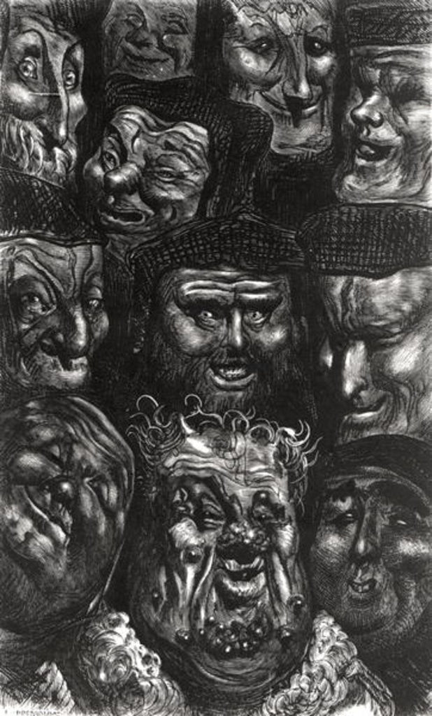 Detail of Eleven grotesque faces from 'Les Contes Drolatiques' by Honore de Balzac engraved by Predhomme by Gustave Dore
