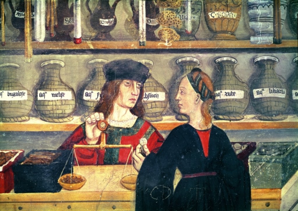 Detail of The Pharmacy, detail, Anonymous painting, Val d'Aosta, Castello di Issogne, 15th century by Italian School