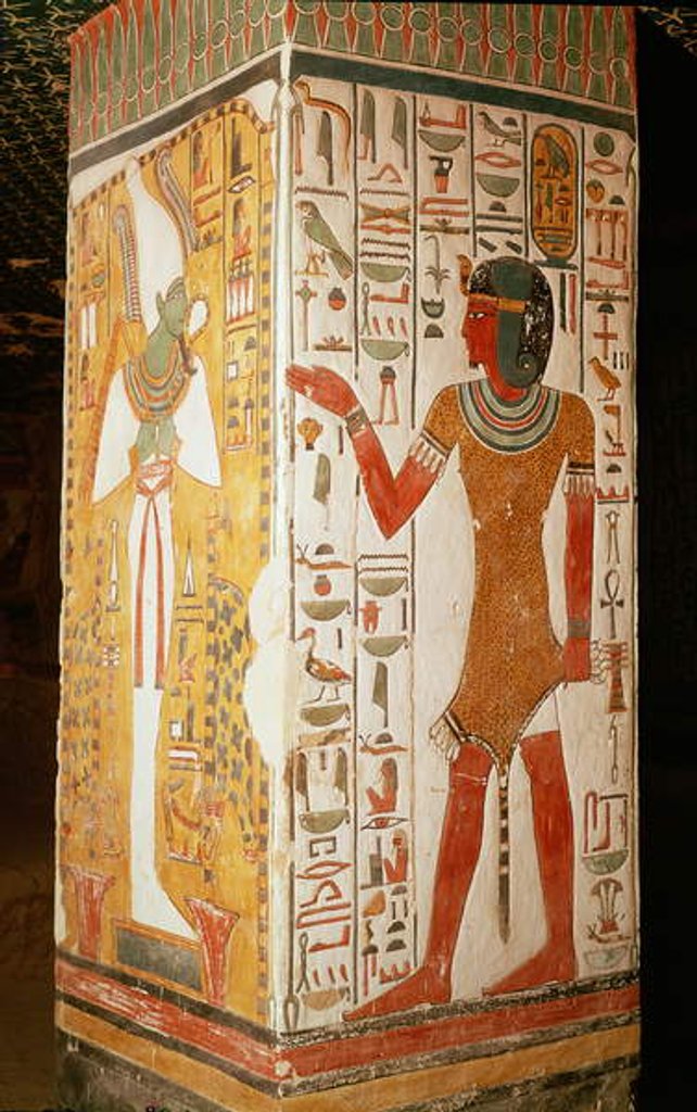 Detail of Pillar depicting Osiris and a priest wearing a panther skin by Egyptian 19th Dynasty