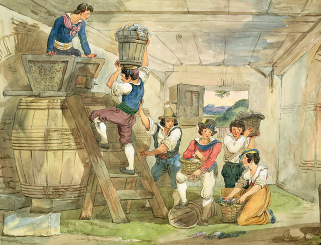 Detail of Grape-pickers carrying grapes to the press by Achille Pinelli