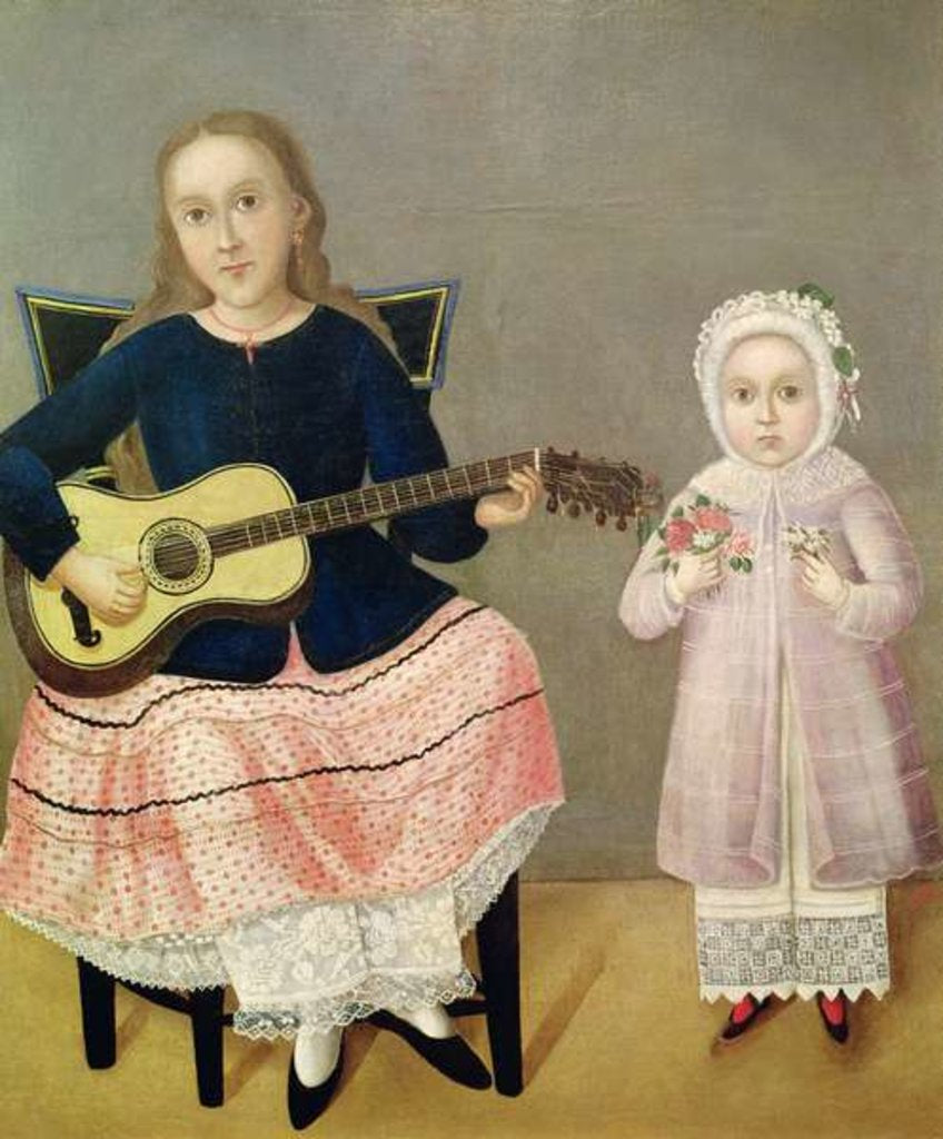 Detail of Young Girl with a Guitar and Child with a Bouquet by Mexican School
