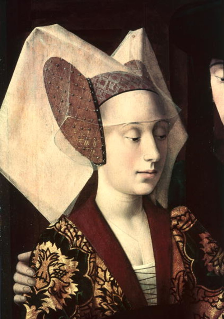 Detail of St. Eligius as a goldsmith showing a ring to the engaged couple, detail of the fiancee, 1449 by Petrus Christus
