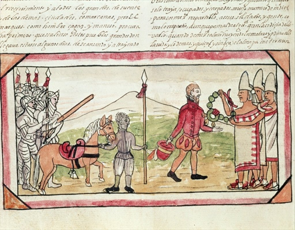 Detail of Fol.208v Meeting of Hernando Cortes and Montezuma, miniature from the 'History of the Indians' by Diego Duran, 1579 by Diego Duran