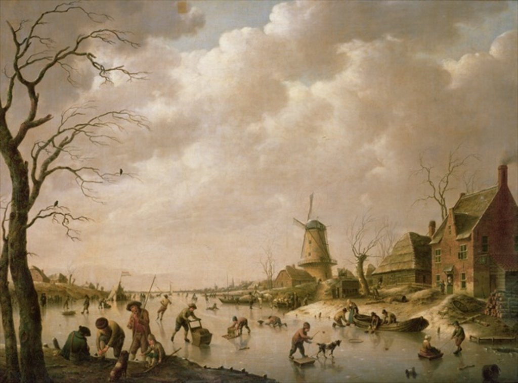 Detail of Skaters on a Frozen Canal, 1779 by Hendrik Willem Schweickhardt