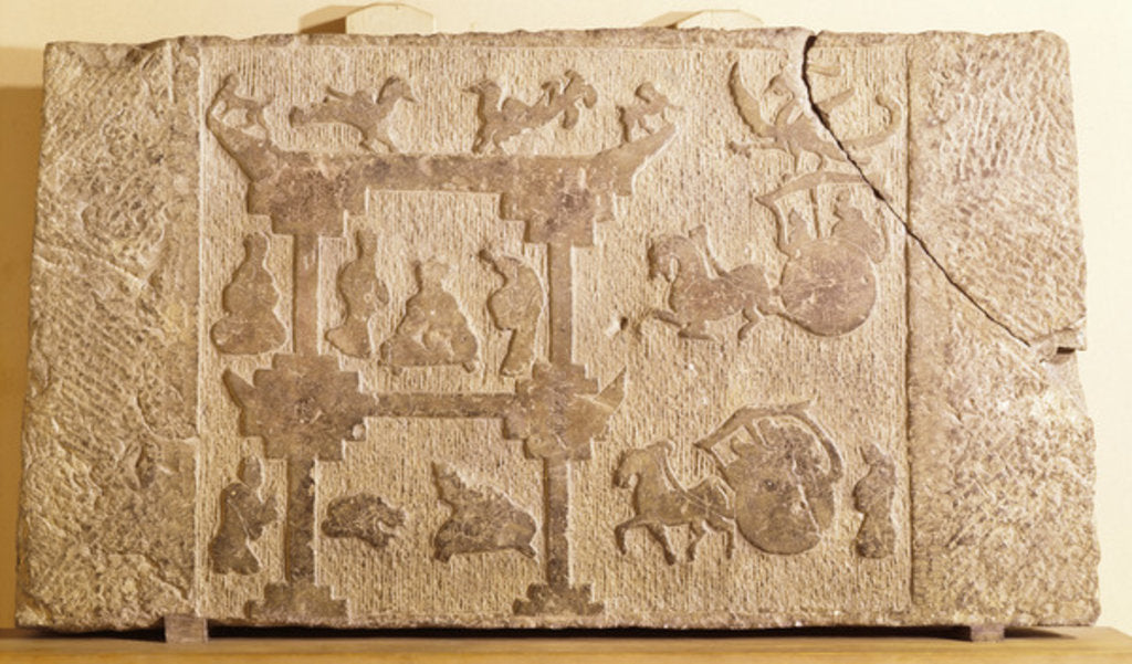 Detail of Slab decorated with carriages and mythical birds, Han Dynasty by School Chinese