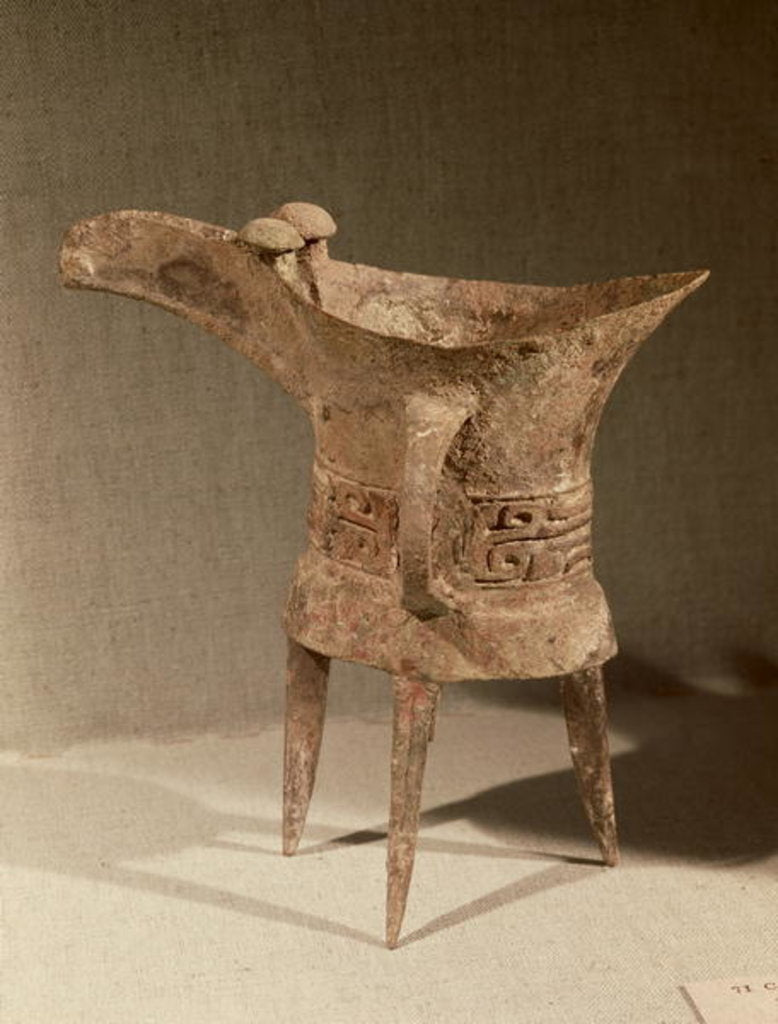 Detail of Three-legged 'chueh' vessel for heating wine with a taotie design by School Chinese