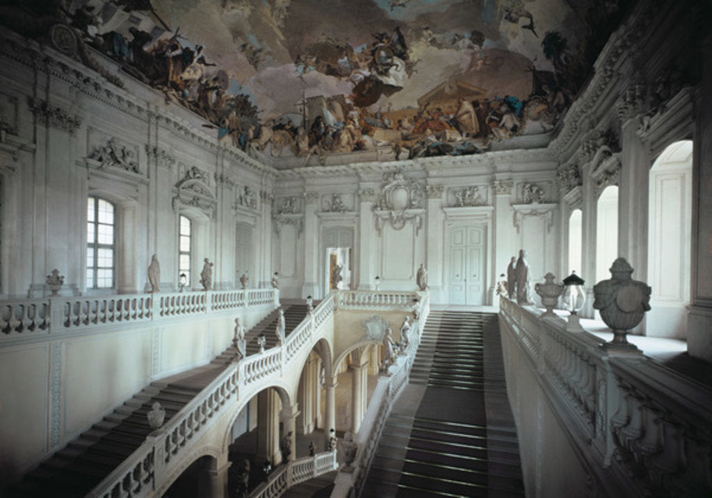 Detail of Grand Staircase with frescoed vault, Wurzburg Residence, Germany, by architect Johann Balthasar Neumann, built 1719-44 by Balthasar Neumann