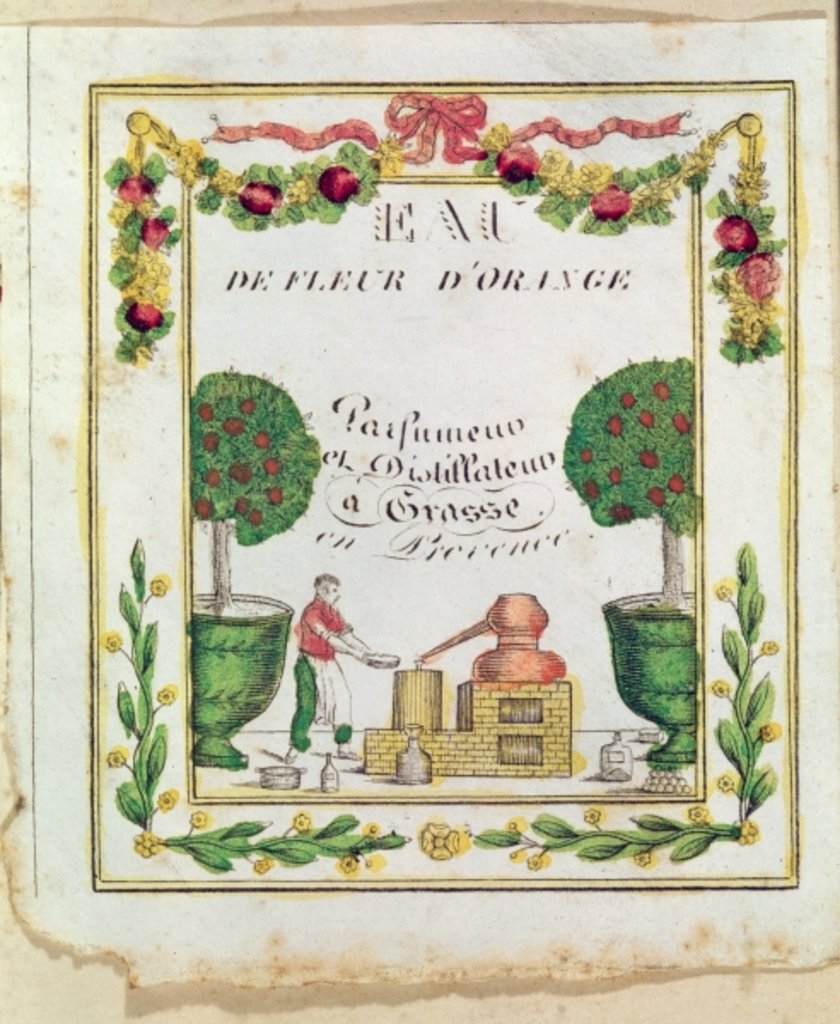 Detail of Vignette of 'Eau de Fleur d'Orange', perfumers and distillers in Grasse by French School