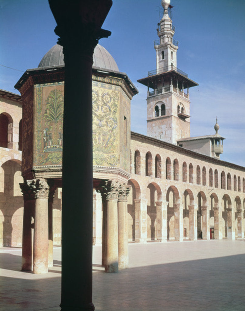 Detail of View of the Treasury and the North minaret in the courtyard, built in 705-715 AD by Islamic School