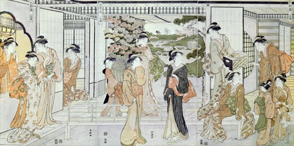 Detail of Young women with a basket of chrysanthemums by Katsukawa Shunsho