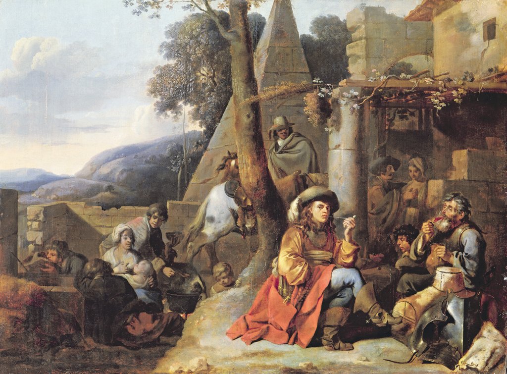 Detail of Bohemians and Soldiers at Rest by Sebastien Bourdon