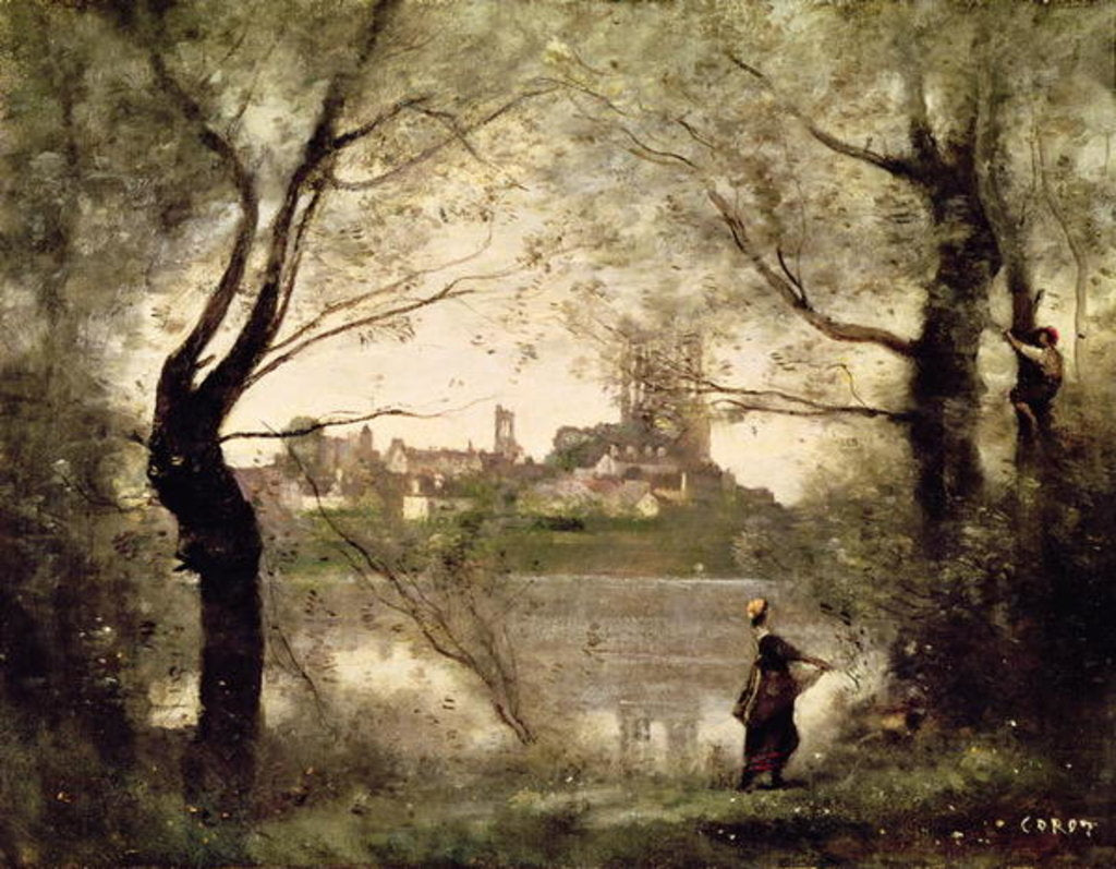 Detail of View of the Town and Cathedral of Mantes Through the Trees, Evening by Jean Baptiste Camille Corot