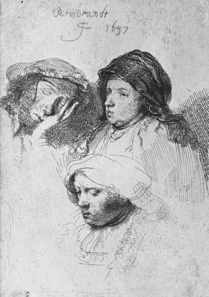 Detail of Three female heads with one sleeping, 1637 by Rembrandt Harmensz. van Rijn