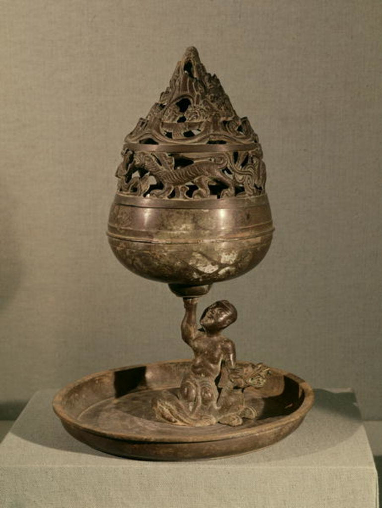 Detail of Censer in the shape of the cosmic mountain 'po-shan-lu' held up by a man seated on a monster by School Chinese