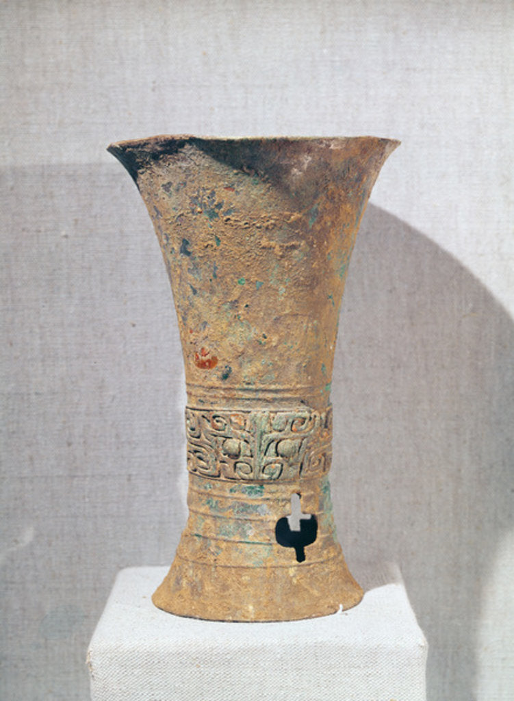 Detail of Ritual 'ku' beaker decorated with monster masks, from Ming-Kung-Lu, Zhengzhou, Henan, Shang Dynasty, 16th-15th century BC by School Chinese