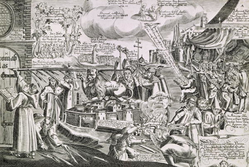 Detail of Martin Luther writing on the church door at Wittenberg in 1517 by Swiss School