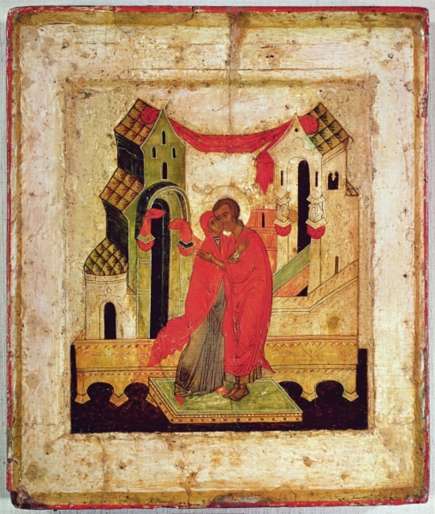 Detail of Icon depicting the meeting at the Golden Gate, Novgorod School by Russian School