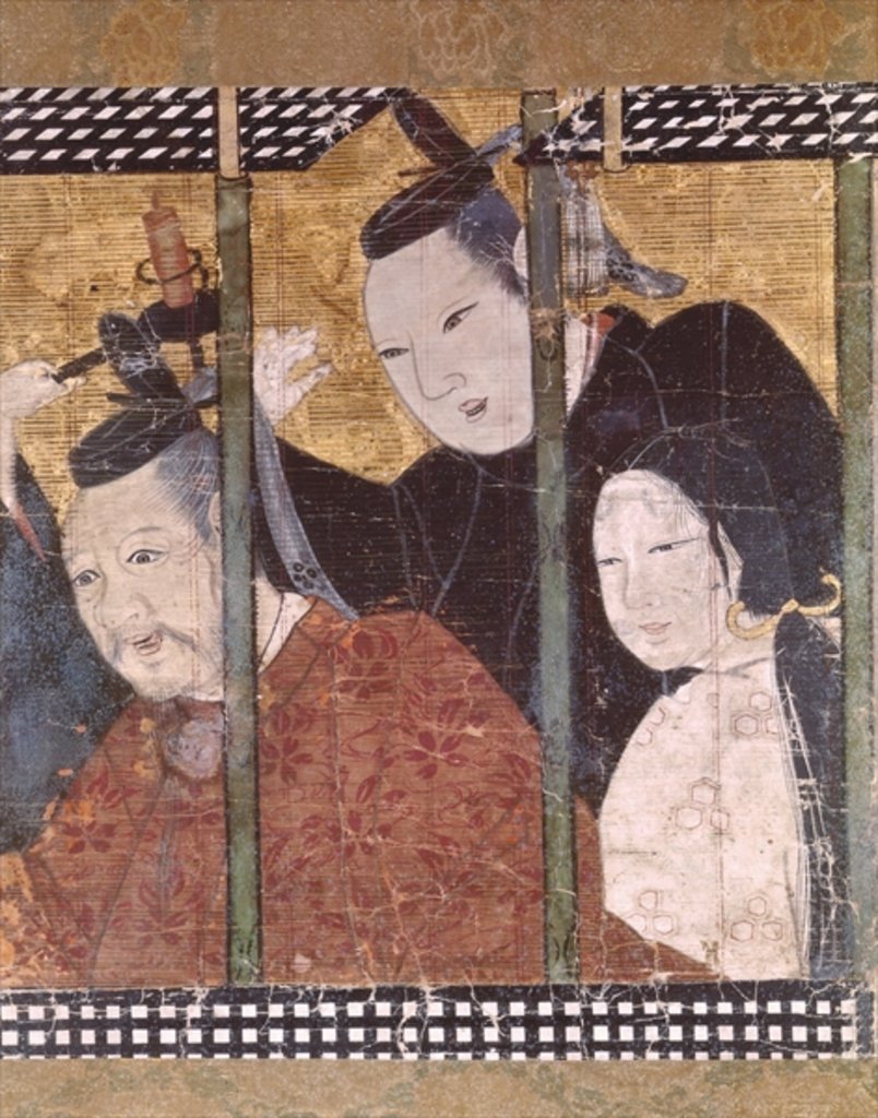 Detail of Two men and a woman behind an awning by School Japanese