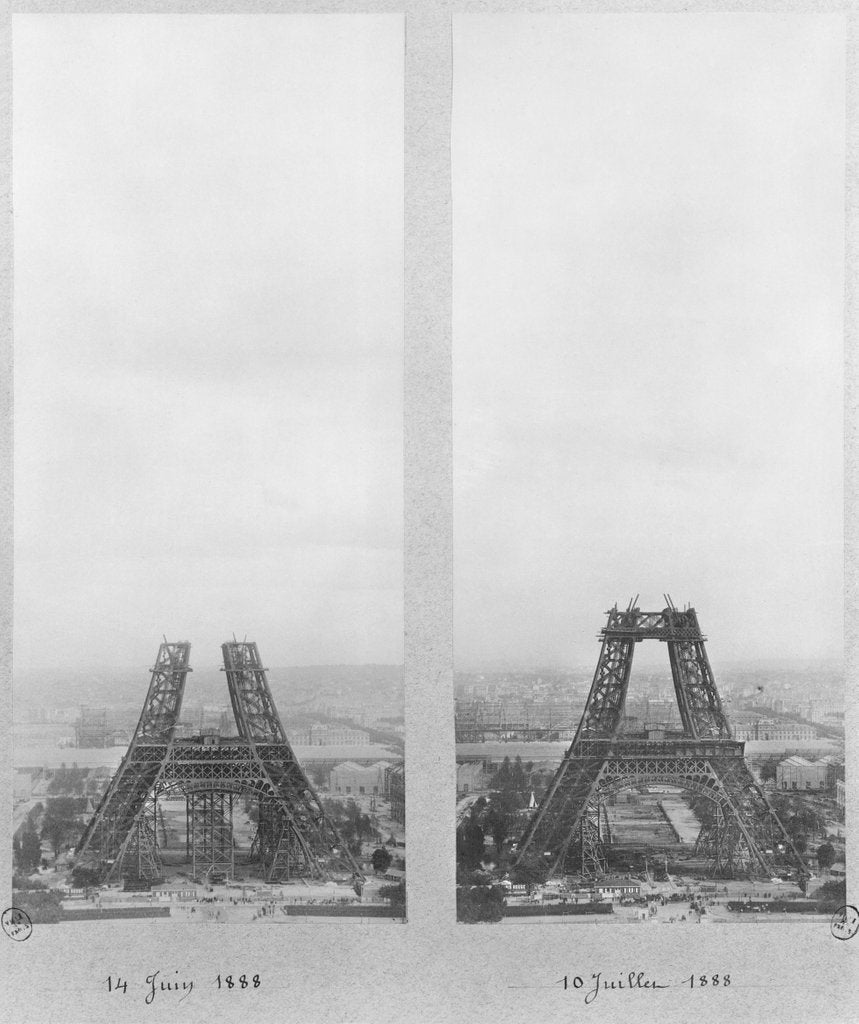 Detail of Two views of the construction of the Eiffel Tower, Paris, 14th June and 10th July 1888 by French Photographer