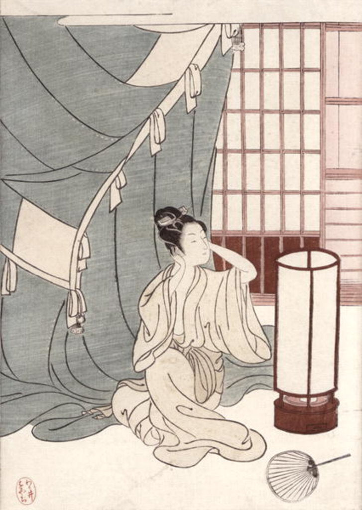 Detail of Young woman kneeling by her mosquito net, 1766 by Suzuki Harunobu