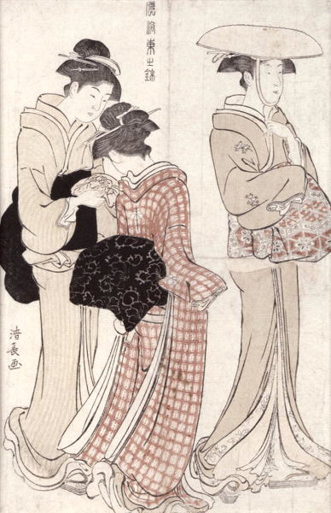 Detail of Young woman wearing a wide straw hat, followed by a servant and a companion carrying a 'furoshiki' by Torii Kiyonaga