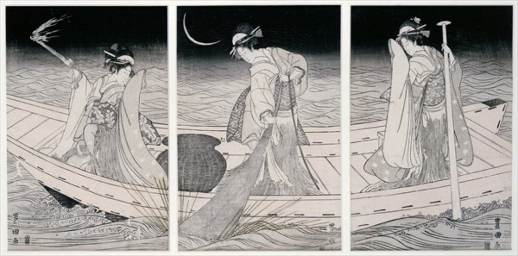 Detail of Three women on a boat fishing by lamplight by Utagawa Toyokuni
