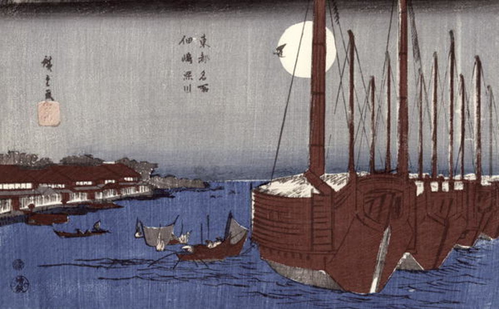 Detail of Tsukudajima island and the Fukagawa district under the full moon by Ando or Utagawa Hiroshige