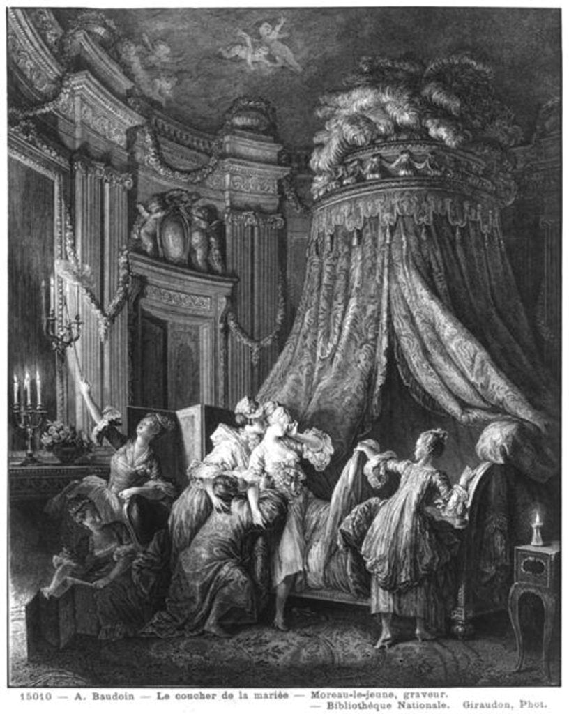 Detail of The bride's going-to-bed ceremony, engraved from Jean-Michel Moreau, said the Young by Pierre Antoine Baudouin
