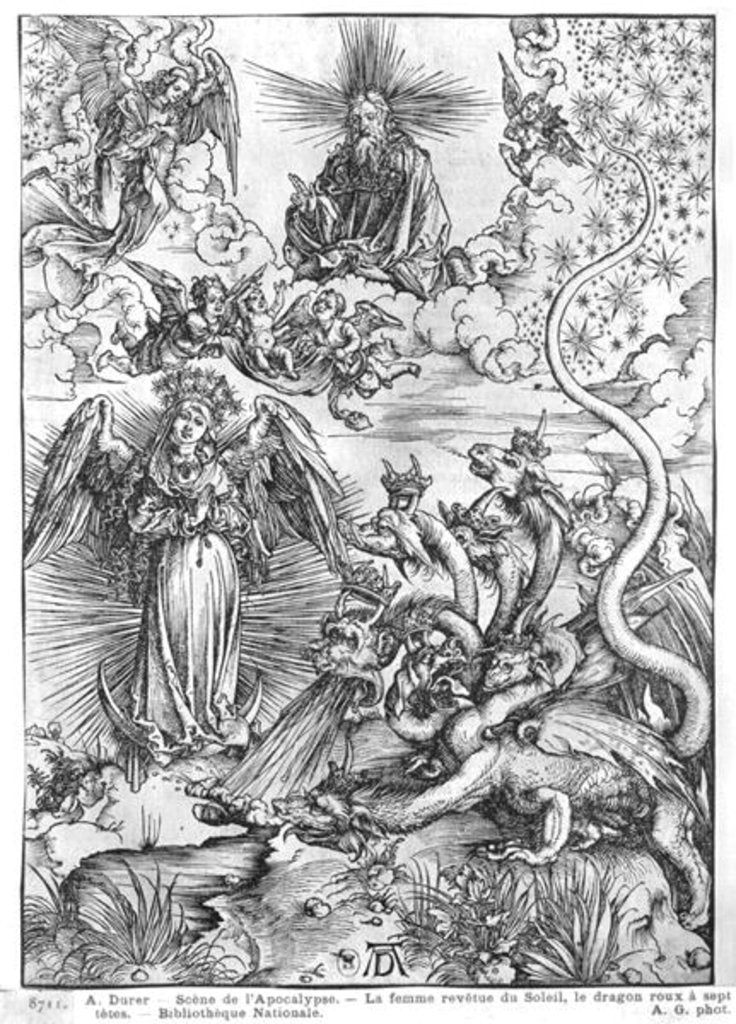 Detail of Scene from the Apocalypse, The woman clothed with the sun and the seven-headed dragon, Latin edition, 1511 by Albrecht Dürer or Duerer