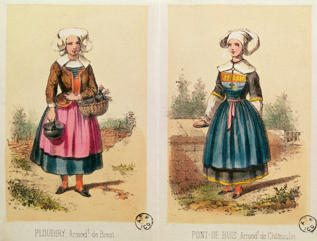 Detail of Female costumes from Ploudiry and Pont de Buis by French School