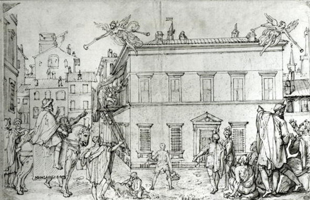 Detail of Michelangelo on horseback, visiting an artist by or Zuccaro Federico Zuccari