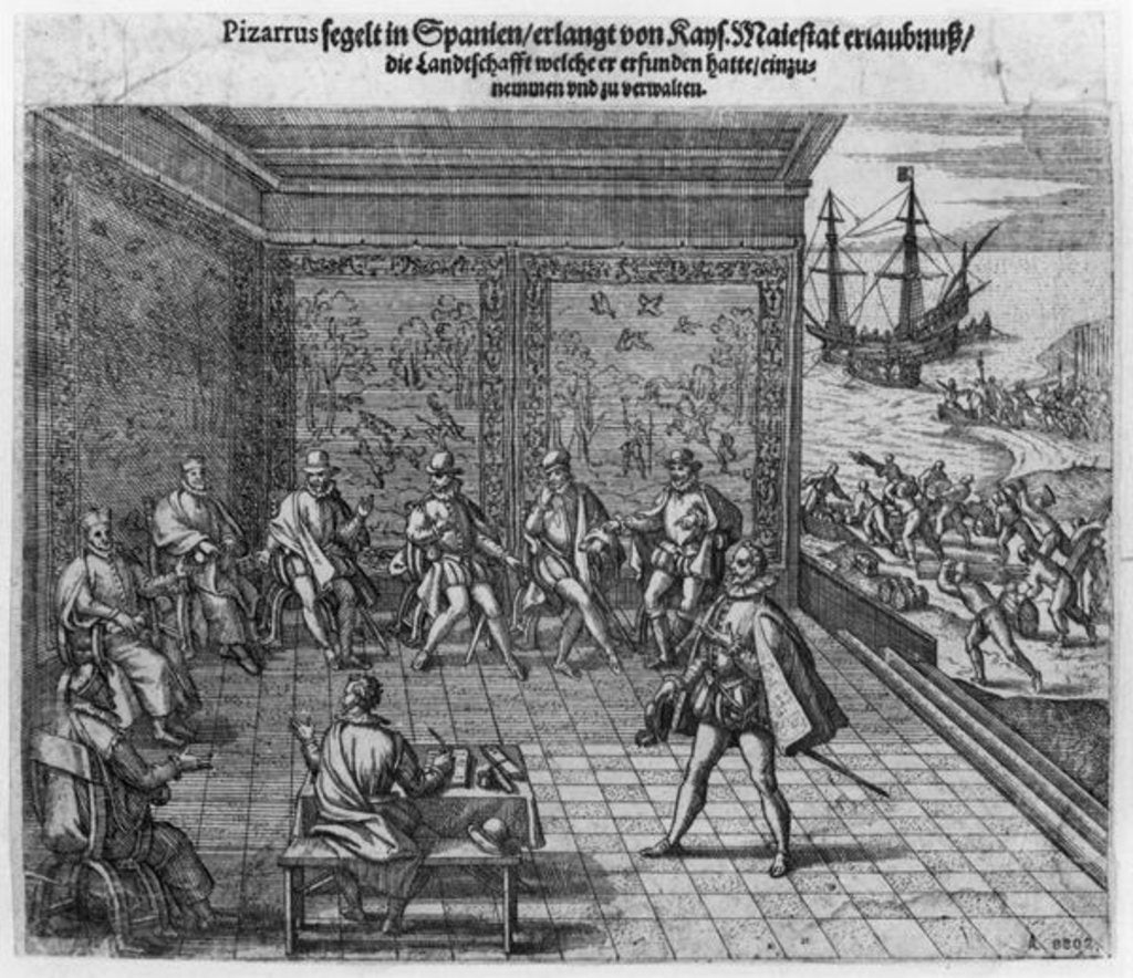 Detail of Francisco Pizarro asking the support of the imperial court for the government of Peru by Theodor de Bry