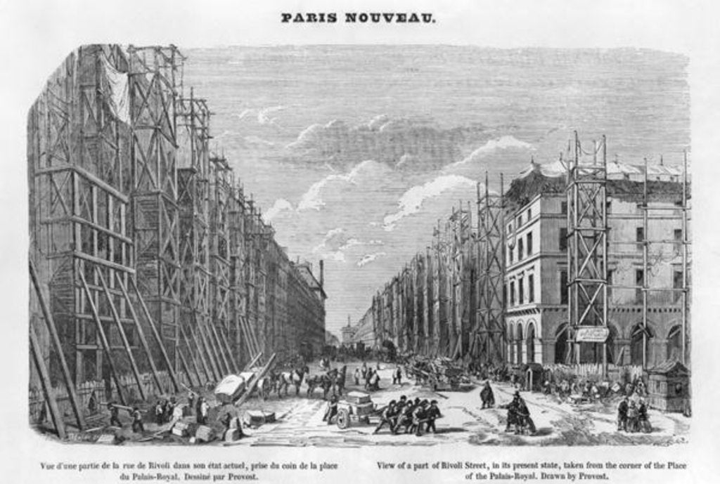 Detail of New Paris, view of a part of Rivoli street, in its present state, taken from the corner of the Place of the Palais-Royal, 1877 by A (after) Provost