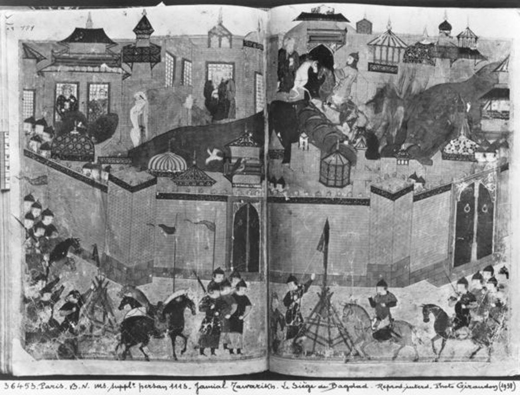 Detail of Ms Suppl Persan 1113 f.180-181 Mongols under the leadership of Hulagu Khan storming and capturing Baghdad in 1258 by Islamic School