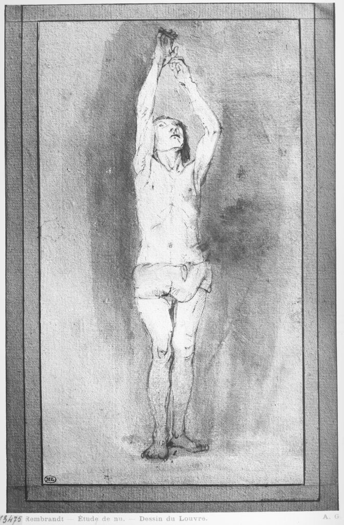 Detail of Young boy with a loincloth, both hands hanged on a small bar by Rembrandt Harmensz. van Rijn