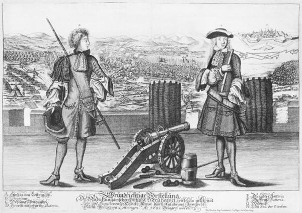 Detail of Charles V, Duke of Lorraine and Bar, with an engineer, at the battle of Neuhausel against the Turks in July and August 1685 by German School