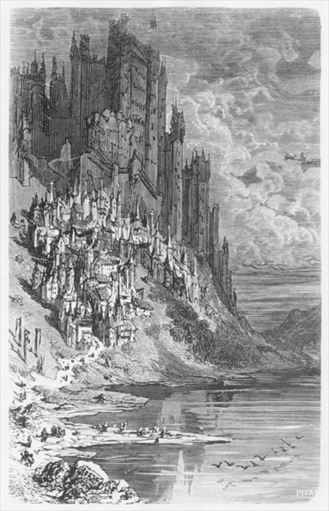 Detail of Fantasy landscape with town and castle by Gustave Dore