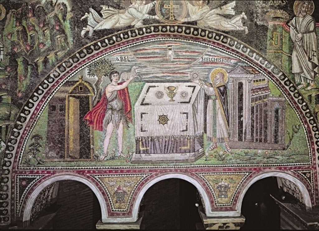 Detail of Abel offering a lamb and Melchisedech offering bread at the Altar by Byzantine School