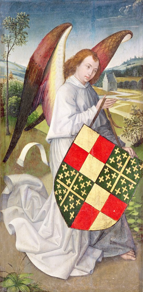 Detail of Angel holding a shield emblazoned with the heraldic arms of the de Chaugy and Montagu arms, 1460-66 by Rogier van der Weyden