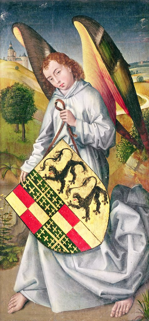 Detail of Angel holding a shield with the heraldic arms of de Chaugy and Montagu families with the two leopards of the de Jaucourt family, 1460-66 by Rogier van der (attr. to) Weyden